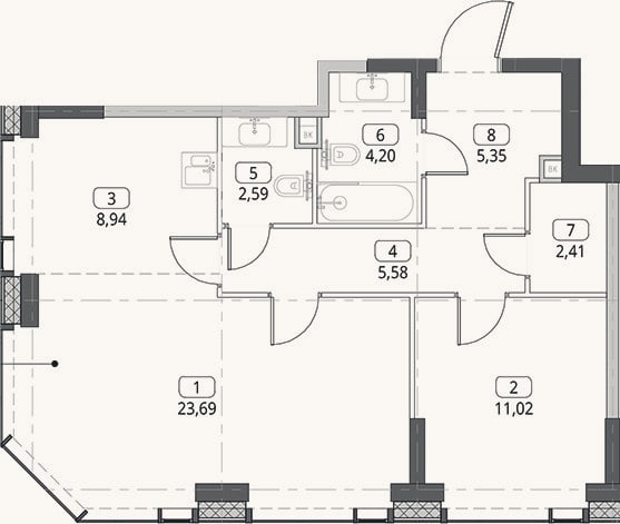 Планировка: 2-к, 63,8 м²