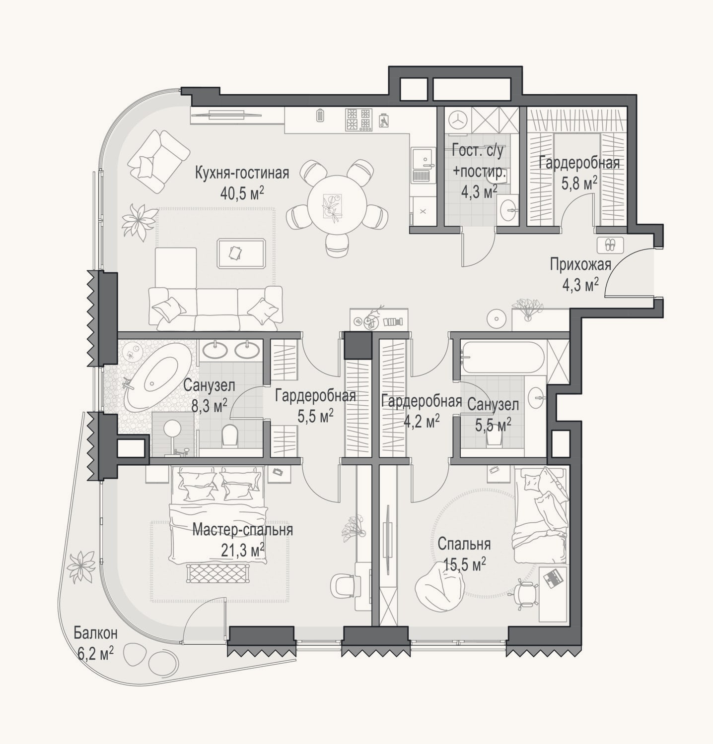 Планировка: 3-к, 115,1 м²