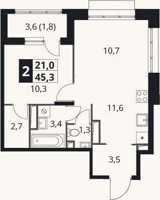 Планировка: 2-к, 43,5 м²