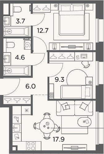 Планировка: 2-к, 54,2 м²