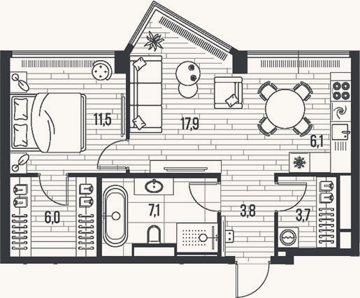 Планировка: 2-к, 56,1 м²