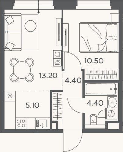 Планировка: 2-к, 37,6 м²