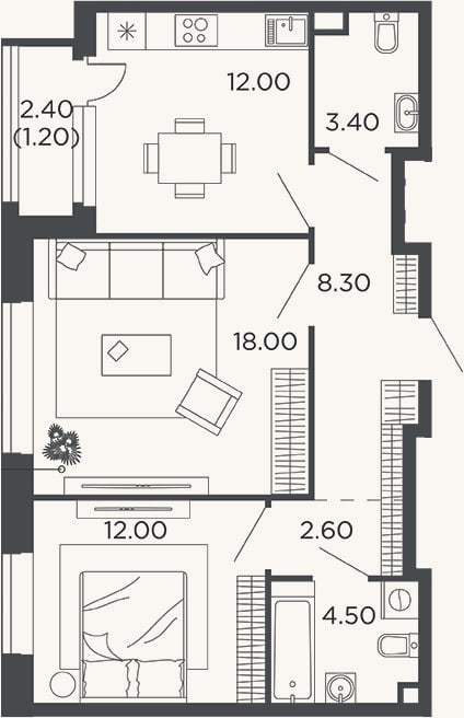 Планировка: 2-к, 60,8 м²