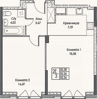 Планировка: 2-к, 52,3 м²