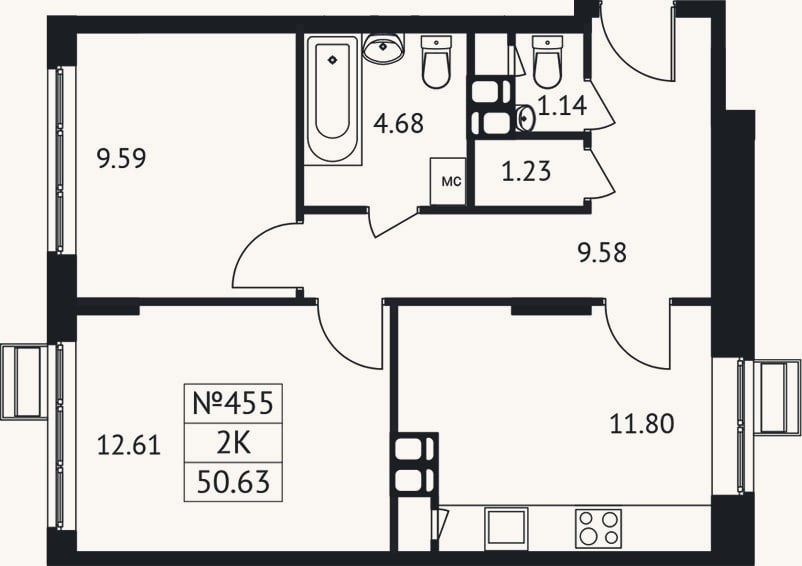 Планировка: 2-к, 50,6 м²