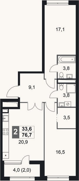 Планировка: 2-к, 74,7 м²