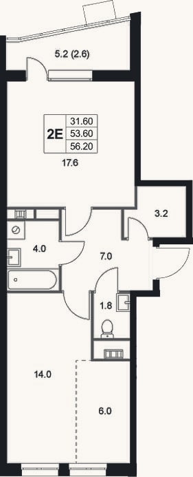 Планировка: 2-к, 53,6 м²