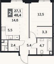 Планировка: 2-к, 48,4 м²