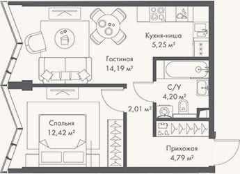 Планировка: 2-к, 42,9 м²