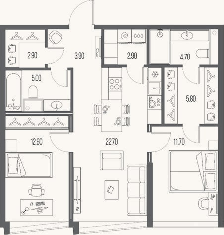 Планировка: 2-к, 72,2 м²