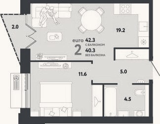 Планировка: 2-к, 40,3 м²