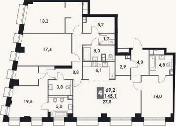 Планировка: 4+ к, 145,1 м²