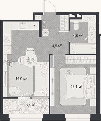 Планировка: 2-к, 38,8 м²