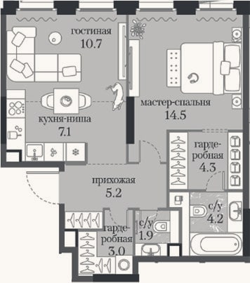 Планировка: 1-к, 50,9 м²