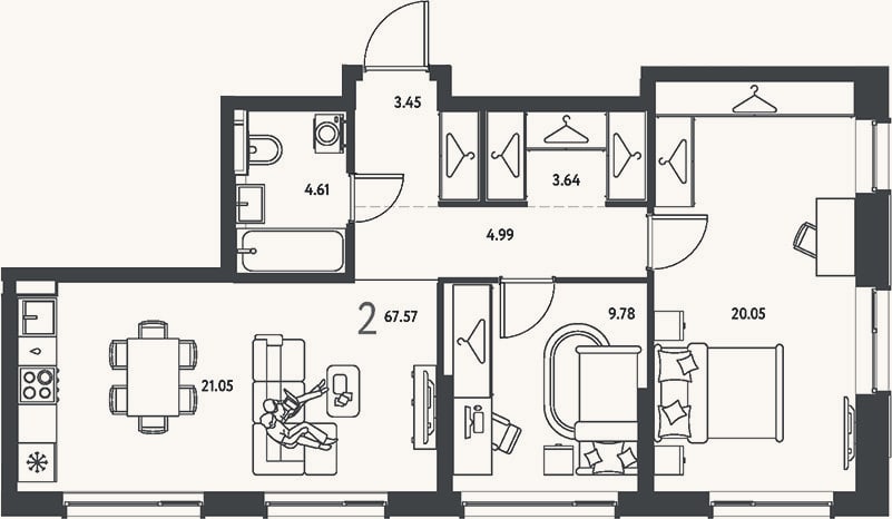 Планировка: 2-к, 67,6 м²