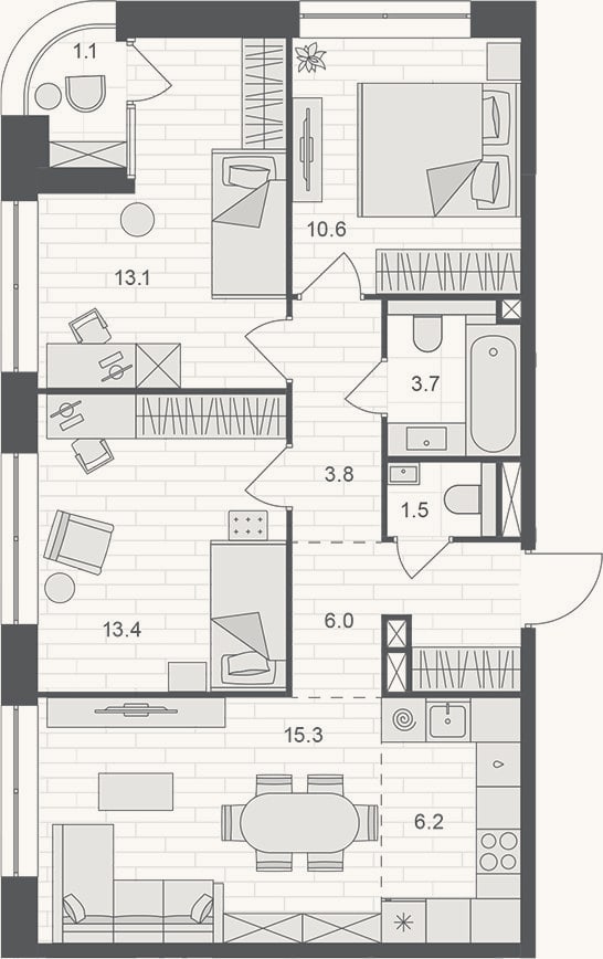 Планировка: 4+ к, 73,6 м²