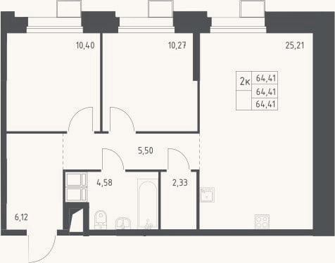 Планировка: 3-к, 64,4 м²