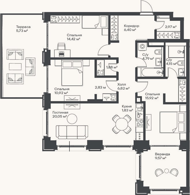 Планировка: 4+ к, 93 м²