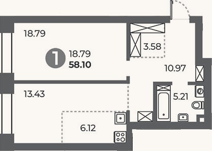 Планировка: 1-к, 58,1 м²
