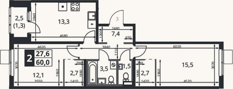 Планировка: 2-к, 58,7 м²
