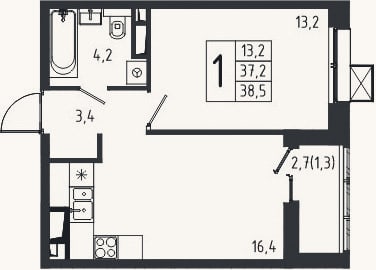 Планировка: 1-к, 37,2 м²
