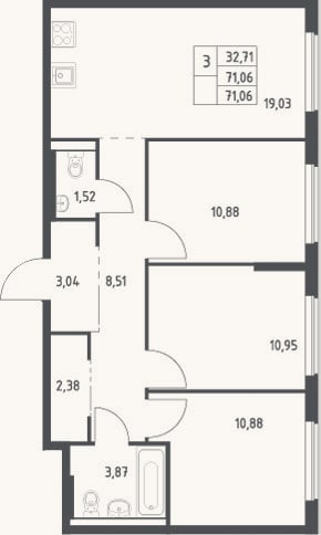 Планировка: 4+ к, 71,1 м²
