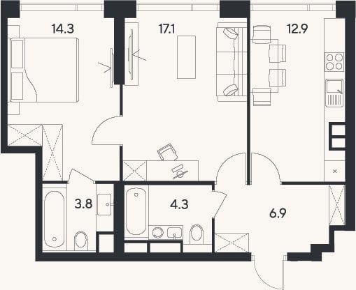 Планировка: 2-к, 59,3 м²