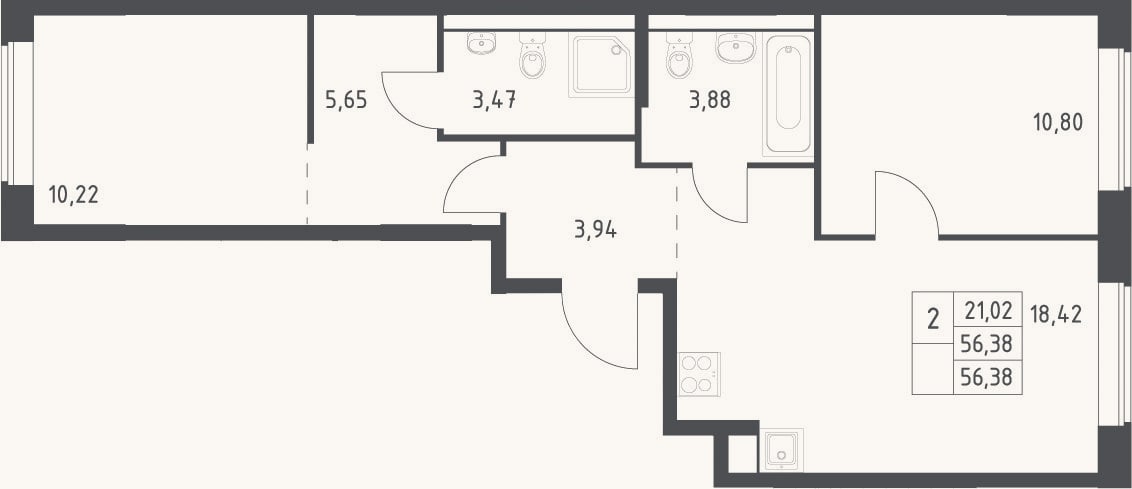 Планировка: 3-к, 56,4 м²