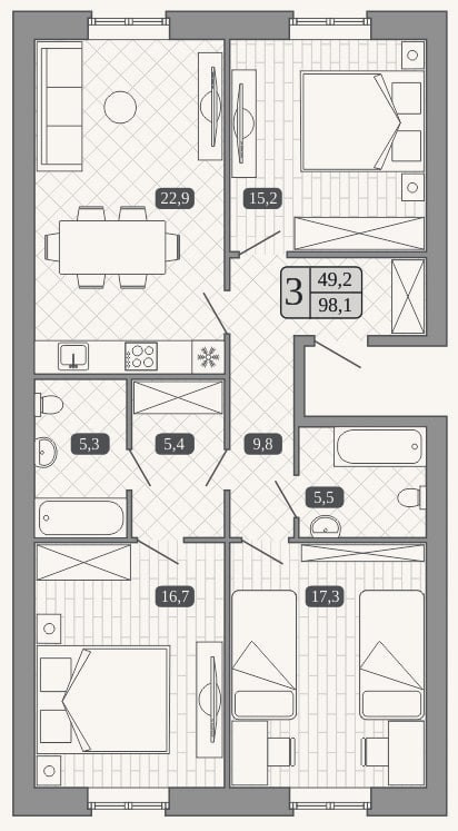 Планировка: 4+ к, 98,1 м²