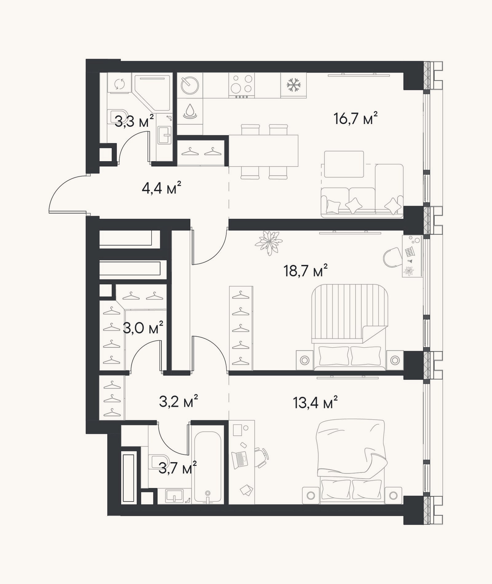 Планировка: 2-к, 66,4 м²