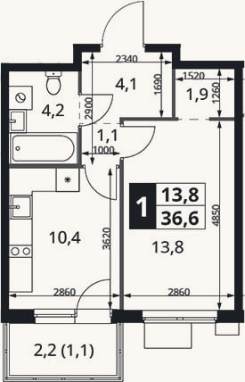 Планировка: 1-к, 35,5 м²