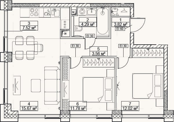 Планировка: 3-к, 58,7 м²