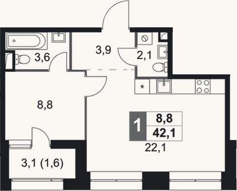 Планировка: 2-к, 40,5 м²