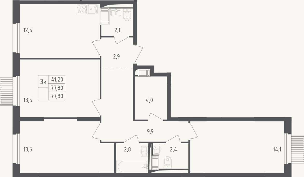 Планировка: 3-к, 76,8 м²