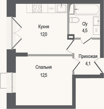 Планировка: 1-к, 33,1 м²