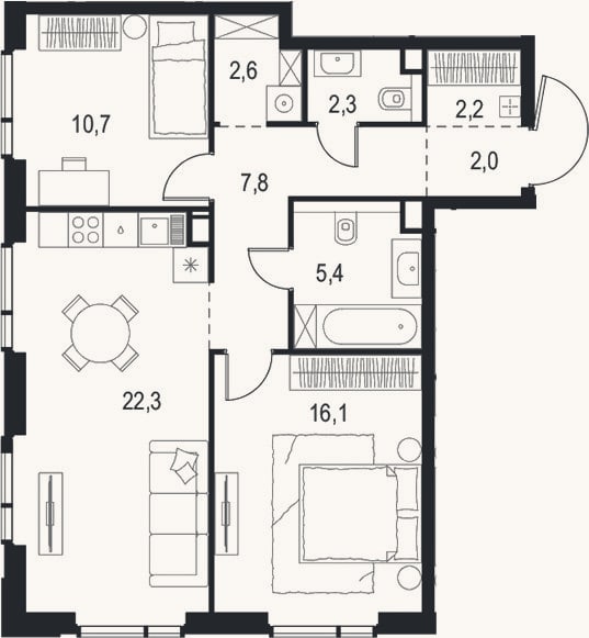 Планировка: 3-к, 71,4 м²