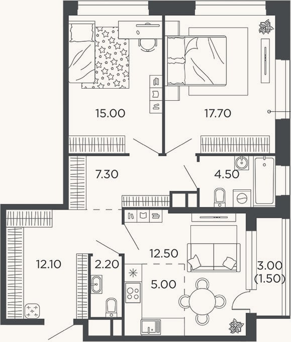 Планировка: 3-к, 76,3 м²