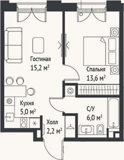 Планировка: 2-к, 42,1 м²