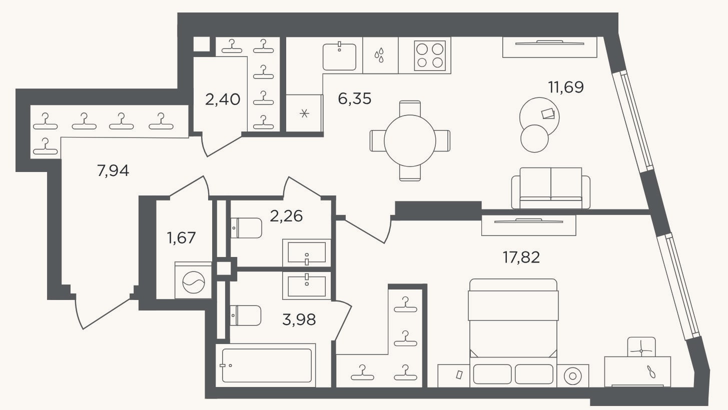 Планировка: 2-к, 54,1 м²