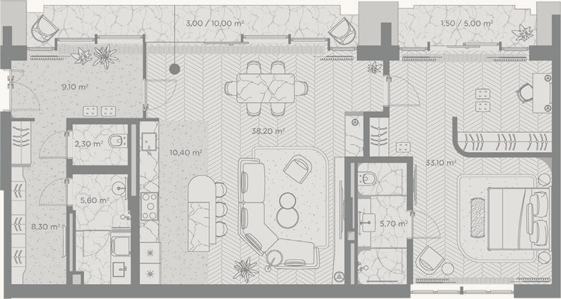 Планировка: 1-к, 112,7 м²