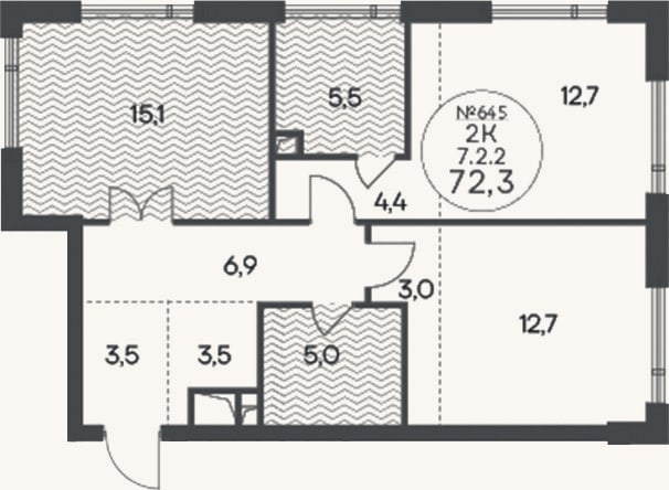 Планировка: 2-к, 72,3 м²