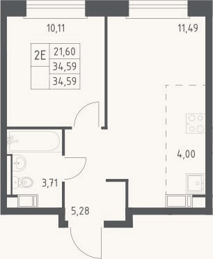 Планировка: 2-к, 34,6 м²