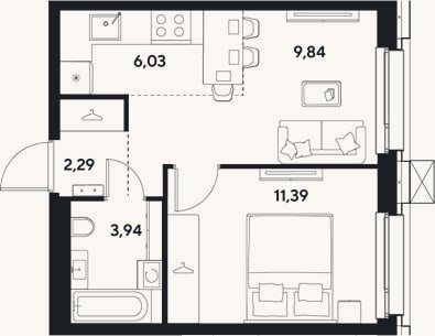 Планировка: 2-к, 33,5 м²
