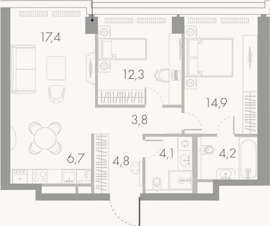 Планировка: 3-к, 68,2 м²