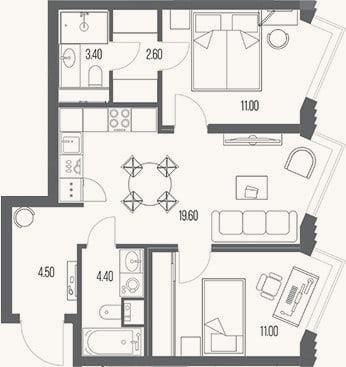 Планировка: 2-к, 56,5 м²