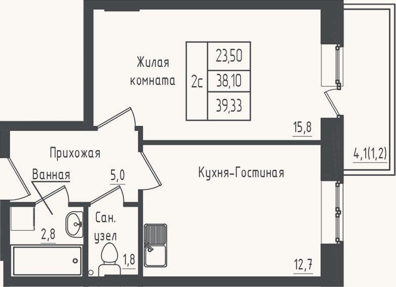 Планировка: 1-к, 38,1 м²