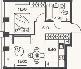 Планировка: 2-к, 40,9 м²
