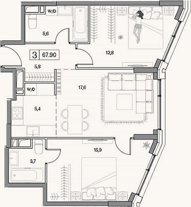 Планировка: 3-к, 67,9 м²