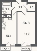 Планировка: 1-к, 33,7 м²