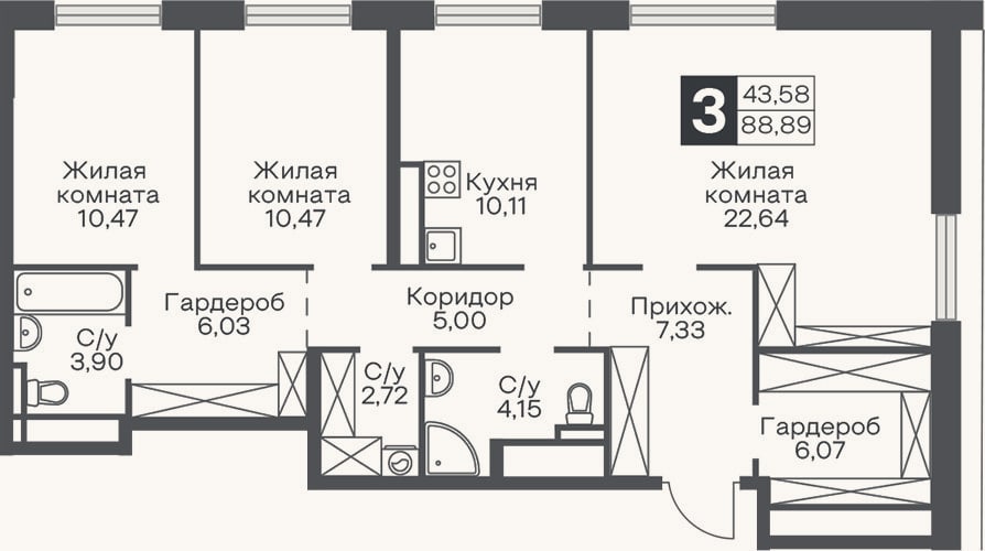 Планировка: 3-к, 88,9 м²